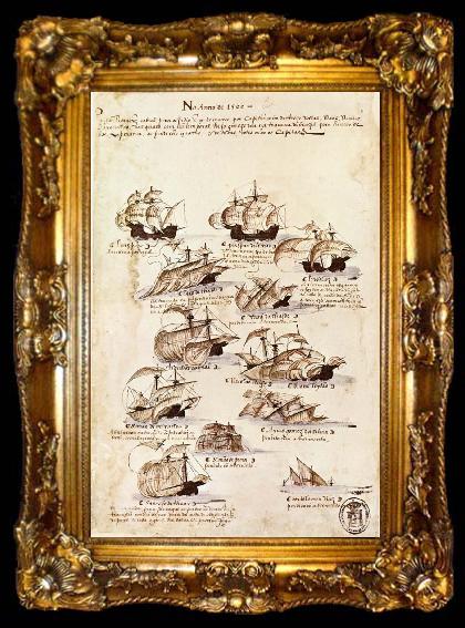 framed  unknow artist Sedan Vasco da Gama oppnat sjovagen to Ostindiev via Gobabopps udden avseglade a fleet pa twelve vessel wonder charge of Cabral the 9 Mar 1500 in orde, ta009-2